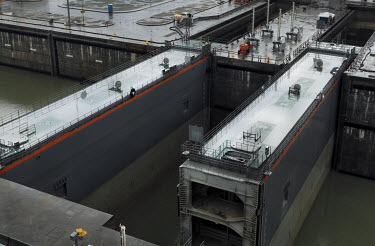 A new set of locks at the Pacific end of the Panama Canal. Construction work for the Panama Canal Expansion will allow ships specified as New Panimax, 320.04m (1,050ft) (l) x 33.54m (110ft) (w) x 12.5...
