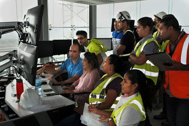 Traffic controllers testing the operation of the locks during construction work for the Panama Canal Expansion which will allow ships specified as New Panimax, 320.04m (1,050ft) (l) x 33.54m (110ft) (...