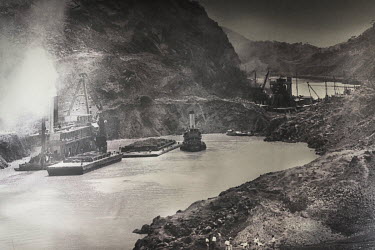 An old photograph showing the excavation of the Culebra Cut during the building of the Panama Canal between 1907 - 1913.