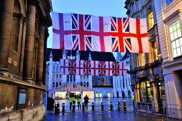 The Guildhall in the City of London decked with British and English flags for the Lord Mayor's Banquet, an annual showpiece of the City of London, which is attended by the Prime Minister, the Lord Cha...