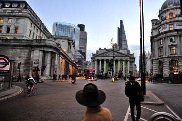 Early morning, in the City of London, with the Bank of England at left and the Royal Exchange at centre.