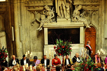 Guests at table at the annual Lord Mayor's Banquet in London's Guildhall. The banquet is attended by the prime minister, law lords, financiers, diplomats and various members of the establishment.