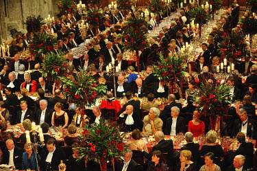 Guests at table at the start of the annual Lord Mayor's Banquet in London's Guildhall. The banquet is attended by the prime minister, law lords, financiers, diplomats and various members of the establ...