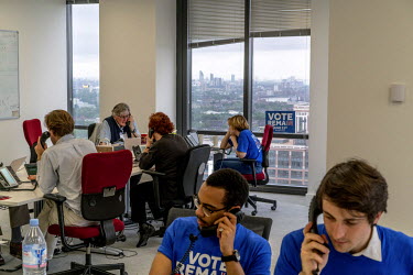 Volunteers operate the phones for the Remain (in the EU) campaign in their offices in Canary Wharf on the morning of the EU referendum.