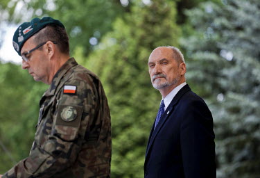 Polish defence minister Antoni Maciarewicz (R) and general Marek Tomaszycki during a ceremony at the National Defence Academy for the official opening of the Nato multinational exercise 'Anaconda 2016...