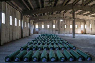 The coffins of victims of the Srebrenica massacre  in the Battery Factory at Potocari, where Serb forces overran the Dutch Peacekeepers tasked with protecting the UN safe haven of Srebrenica. On this...
