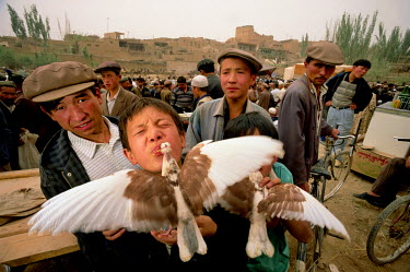 An ethnic Uighur boy selling birds at the Friday Livestock market.