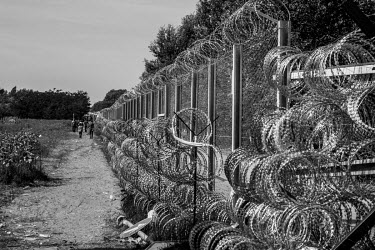 Razor wire at the border between Horgos, Serbia and Roszke, Hungary which remains closed after Hungarian authorities closed the crossing.