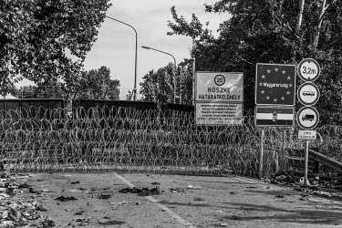 Razor wire at the border between Horgos, Serbia and Roszke, Hungary which remains closed after Hungarian authorities closed the crossing.