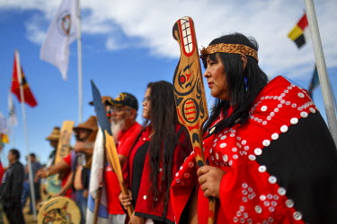 Native American women performing a ceremony at the Sacred Stone protest camp. In April 2016 the Standing Rock Sioux Tribe began a protest at the Sacred Stone Camp near Cannonball, North Dakota to oppo...