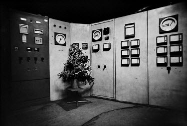 A Christmas tree decorates the control room in a coal mine in the Donbas region.
