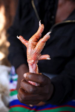 Maureen Aoko holds a chicken's foot, an ingredient in the food she cooks and sells from a stall outside her one-room house in Korogocho, Nairobi's poorest slum.