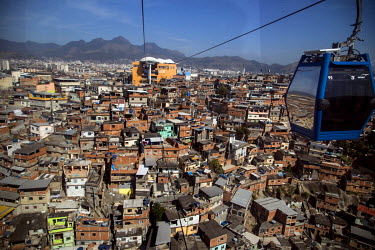 A  view of Complexo do Alemao from a cable car cabin running above the favela.