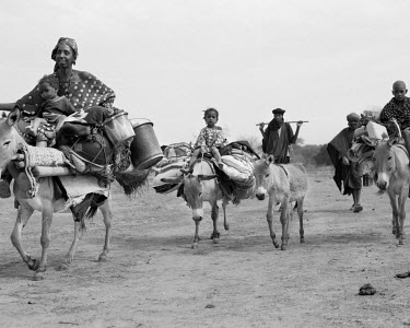 A Fulani (Peul) nomad family on the move, the women and children riding donkeys, crossing the desert in western Mali. Each year Fulani (Peul) nomads take their herds on a journey from Mauritania throu...
