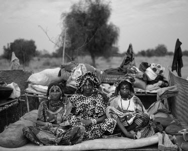 Fulani (Peul) nomad women at sunset on a temporary camp in the desert of Western Mali, near the border with Mauritania. Each year Fulani (Peul) nomads take their herds on a journey from Mauritania thr...