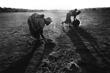 Two women, their babies strapped on their backs, collect silt from the land near the Cacheu River that was once the site of fertile rice fields. The cultivation of rice, the most important staple food...