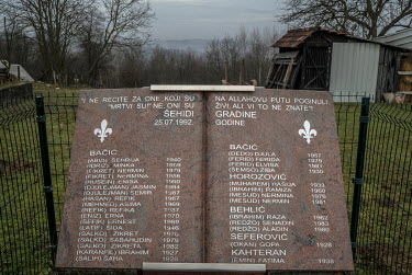 A marble monument with the names of 38 people taken from the small hamlet on the night of 25 July 1992 and killed. Many remain missing.