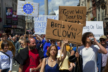Placards held aloft as a rally makes its way along Whitehall in central London as people protest the result of the referendum to leave or remain in the EU. A week earlier British voters decided to lea...