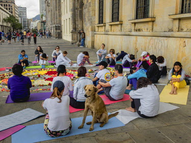 A stray dog sits beside a woman as activists from Yoga Por La Paz (Yoga for peace) take part in a meditation session on a Sunday morning in the Plaza de Bolivar. The capital's main square has been a g...