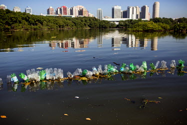 Recycled plastic bottles act as a barrier to collect rubbish in Lagoa da Tijuca, one of several interconnected lagoons in Barra da Tijuca, one of the main sites for the 2016 Olympics. The plastic bott...