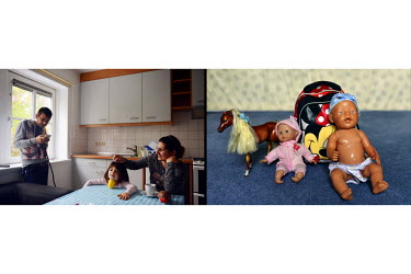Left: Haki (left, born in 1990), Ghazal (right, born 1987) and their daughter Daniela (born 2012) from Khana Sor village in Iraq, in their home in Celle.  They arrived in Germany on 21 December 2015....