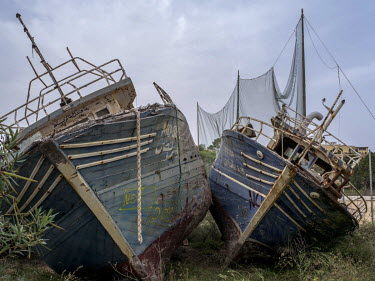 Abandoned boats used by refugees and migrants to cross the Mediterranean Sea.