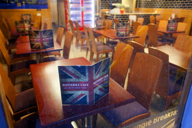 Union Jack design menus in the Potteries Cafe in the city centre.