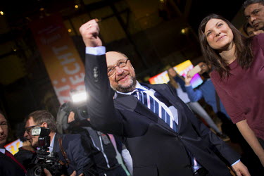 Martin Schulz, SPD candidate for chancellor and until recently president of the European Parliament, with leader of the Jusos Johanna Uekermann, during a conference of the SPD youth organisation Jusos...