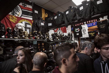 In one of many shops in Predappio, the birthplace and burial site of Mussolini, they sell everything from winebottles, watches, flags, cups, iron crosses and books, all decorated with images of Mussol...