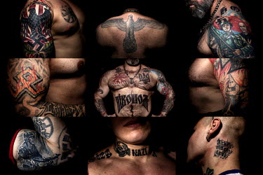 A collage of tattoos on members of the PPDM (Straight Edge Father Frost Mode) group. The group promotes a healthy lifestyle: no smoking, no drinking and the rejection of modern decadence. Their gym-tr...