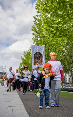 Pilgrims, part of a group of 300, having walked approximately 200 km as part of a five day-pilgrimage, arrive at the shrine of Fatima. Every year, thousands of people make the pilgrimage by foot to Fa...