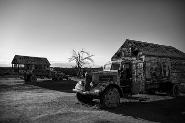 Old trucks painted and restored by the residents of Slab City, a squatters' camp about 190 miles southeast of Los Angeles.   Slab City, known as The Slabs, is named for its areas of concrete where for...