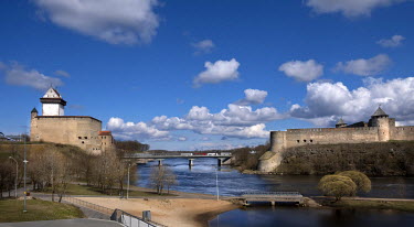 Castles on each bank of the Narva River the border separating Narva in Estonia (Left) and Ivangorod in  Russia.