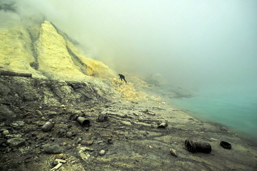 A miner gathers chunks of sulphur from the shores of an acid lake in the crater of the Ijen volcano. More than 200 miners come daily to collect the sulphur which occurs naturally in volcanic emissions...