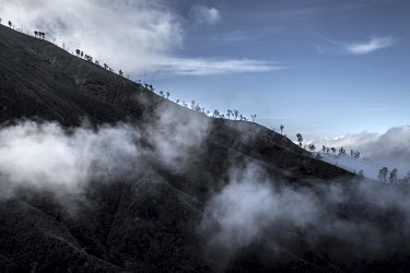 Clouds swirl around the summit of the Kawah Ijen volcano. More than 200 miners come daily to collect the sulphur which occurs naturally in volcanic emissions. After filling their baskets with more tha...
