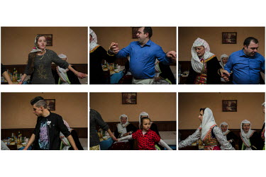 A collage of images showing wedding guests dancing at a two-day long winter wedding celebration in Ribnovo.