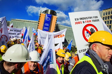 Workers, trade unions and employers (under the banner European Industrial Manifesto for Free and Fair Trade) demonstrate against Chinese dumping of goods on the European market which they claim destro...
