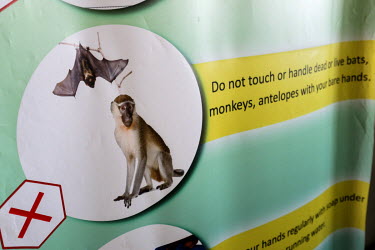'Do not touch or handle dead or live bats, monkeys, antelopes with your bare hands', reads a line on an Ebola warning sign at the domestic terminal at the Kotoka International Airport.