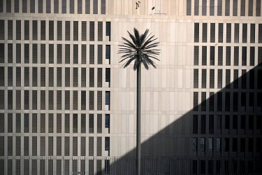 An artificial palm tree in front of the newly built headquarters of the Bundesnachrichtendienst BND, the German intelligence service agency.