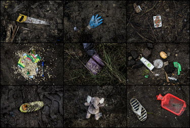 A composite image showing the remains of an Iranian passport (centre) and various other items lying on the ground after the south part of the so-called 'Jungle' refugee camp was cleared of people and...