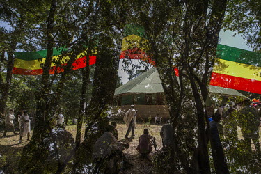 A double exposure showing worshippers as they gather at Debra Mariam church on Lake Tana to celebrate a special festival holiday to Mariam (Mary).