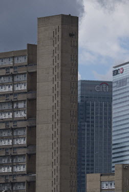 The HSBC headquaters and Citigroup Centre in Canada Square, Canary Wharf and Balfron Tower, an example of Brutalist architecture in foreground viewed from the River Lea in Bow.