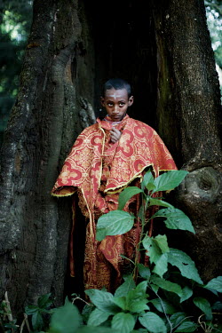 A young trainee priest stands beside a large tree growing in the forest that surrounds Robit Bahita church.  Forest land surrounding churches have become islands of biodiversity in seas of agriculture...