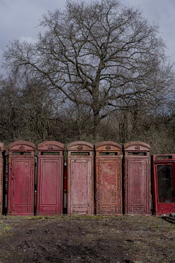 Old Post Office red phone kiosks stored in a muddy field at Unicorn Restorations, a company that renovates and sells disused street furniture.