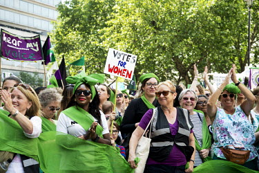 Women, wearing Suffragist green, take part in 'Processions', a mass participation artwork, and rally, produced by Artichoke and commissioned by 14-18 NOW to celebrate 100 years since the 1918 Represen...