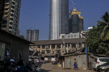 Part of the Lodha World Crest development rises behind an area of old low rise buildings in the Worli/Lower Parel districts.