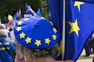 A woman wearing an EU beret at a pro-EU, anti-Brexit march in central London.