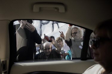 Well-wishers wave to head of the Supreme Court Malgorzata Gersdorf as she is driven away from the Court building.  Gersdorf (65) is opposing a law, passed in January 2018 by the ruling Law and Justice...