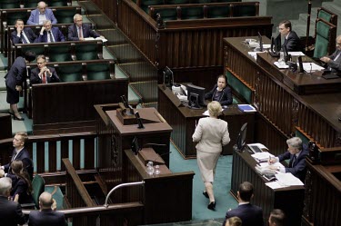 The Supreme Court Malgorzata Gersdorf walks to the podium in the Sejm, Poland's parliament, to make a speech.  Gersdorf (65) is opposing a law, passed in January 2018 by the ruling Law and Justice Par...
