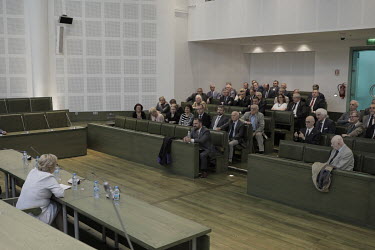 The head of the Supreme Court Malgorzata Gersdorf speaks with fellow Supreme Court judges to decide how to respond to an unconstitutional reform carried through parliament by the ruling Law and Justic...